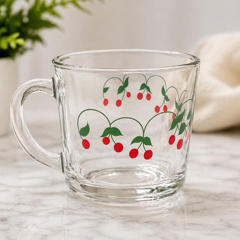 Vintage Clear Glass Cherry Mug Red Fruit Green Leaf Pattern‎ Retro Cottagecore